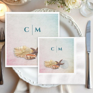 Servilleta De Papel Iniciales de Boda en el Océano Diseño de Conchas M
