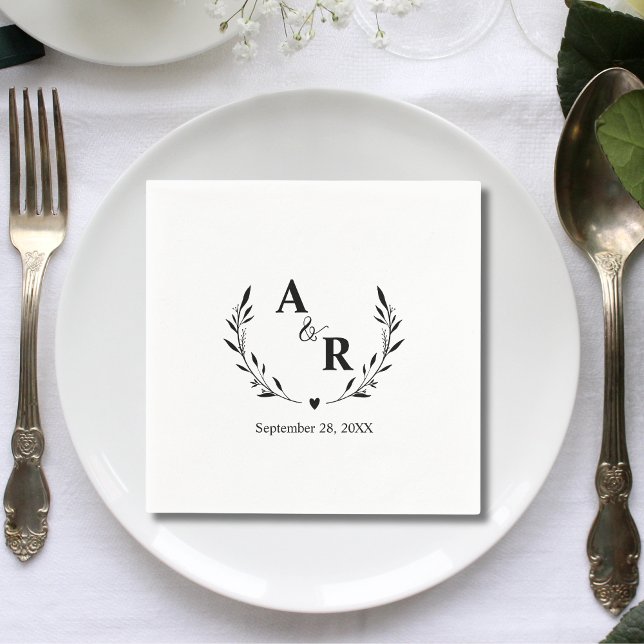 Servilleta De Papel Iniciales de Boda Personalizadas Botánicas Rústica (Cute rustic botanical customized initials napkins add a cozy personal touch to your wedding table)