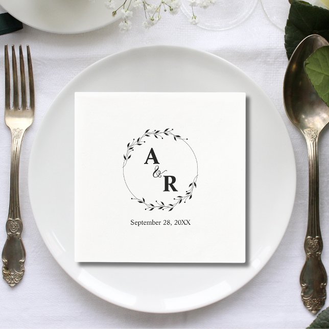 Servilleta De Papel Iniciales de Boda Rústicas Personalizadas Minimali (Modern minimal rustic leaf custom initials napkins add natural charm to your wedding table)