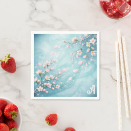 Servilleta De Papel Iniciales de Flor de Cerezo Turquesa Elegantes