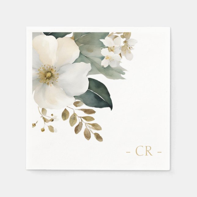 Servilleta De Papel Iniciales de follaje de acuarela floral (Anverso)