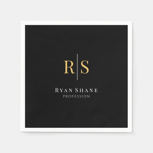 Servilleta De Papel Iniciales de oro, nombre, profesión, negro (Anverso)