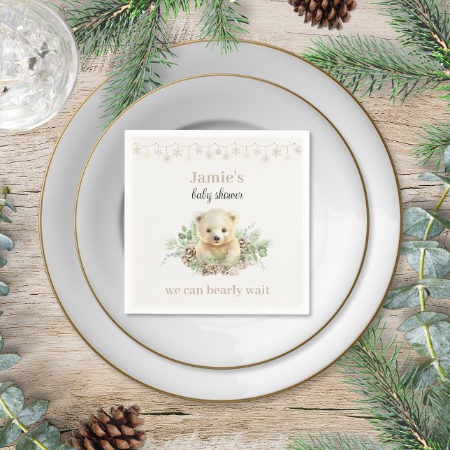 Servilleta De Papel Invernal lindo oso polar género neutro Baby Shower (cute creamy white beige polar bear winter baby shower cocktail napkins personalized christmas theme)