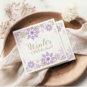 Servilleta De Papel Invierno Onederland Copo de Nieve Purpura y Dorado