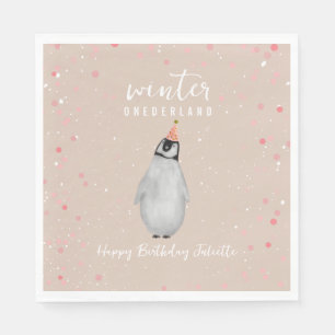 Servilleta De Papel Invierno Onederland Pink Birthday Penguin Birthday