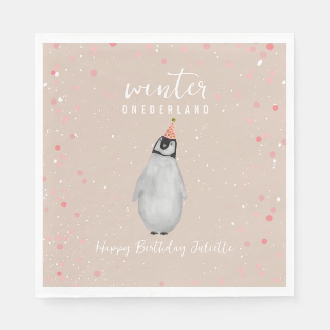 Servilleta De Papel Invierno Onederland Pink Birthday Penguin Birthday (Anverso)