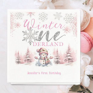 Servilleta De Papel Invierno Onederland Rosa Plata Brillo Cumpleaños 1