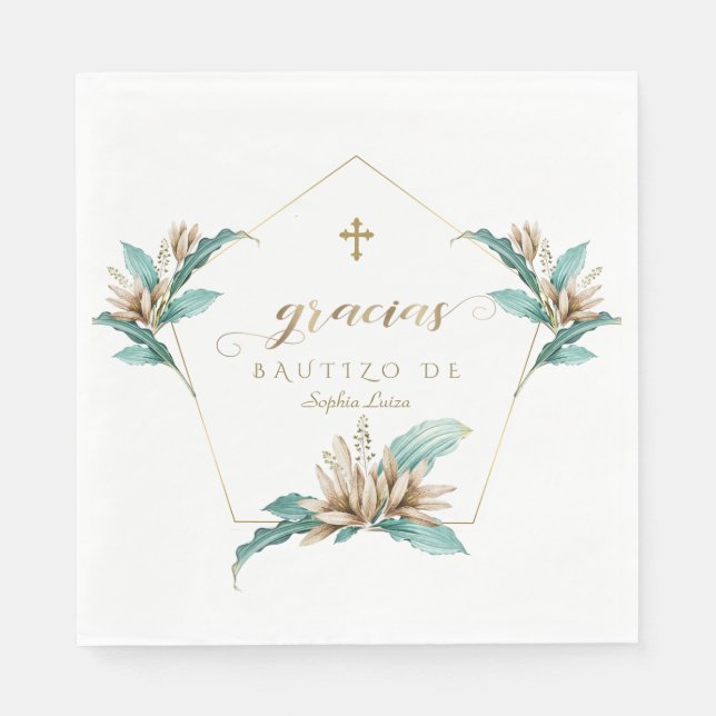 Servilleta De Papel Invitación De Bautizo Con Flores Dorado Lirio De M (Anverso)