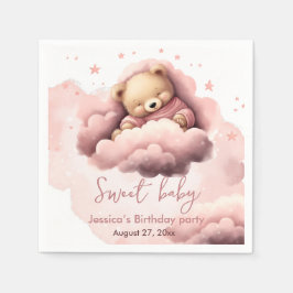 Servilleta De Papel Invitación de cumpleaños de bebé oso rosa en nubes