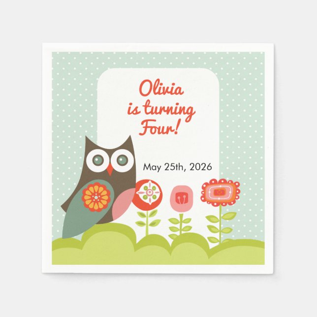Servilleta De Papel Invitación de cumpleaños de búho para niños  (Anverso)