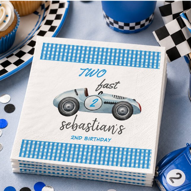 Servilleta De Papel Invitación de cumpleaños número 2 de Dos Autos de  (Two Fast Blue Race Car 2nd Birthday Invitation Napkins)