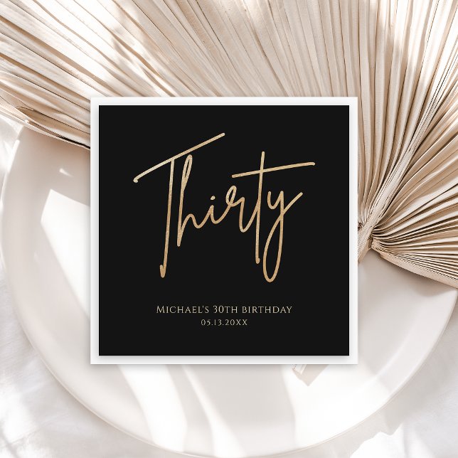 Servilleta De Papel Invitación de cumpleaños número 30 elegante en neg (Elegant Black and Gold 30th Birthday Party Invite Napkins)