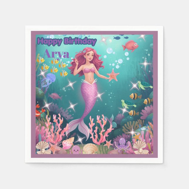 Servilleta De Papel Invitación de cumpleaños personalizada de sirena (Anverso)