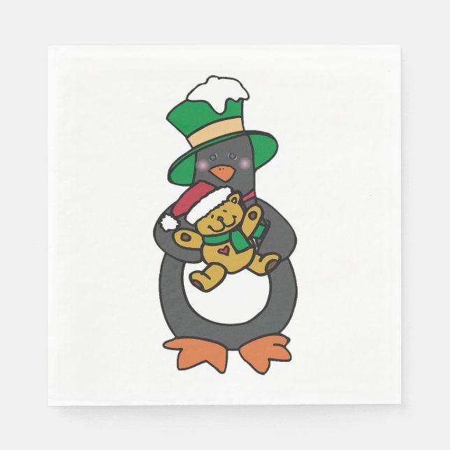 Servilleta De Papel Irish Penguin Holding Christmas Teddy Bear (Anverso)