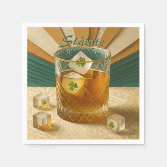 Servilleta De Papel Irish Whiskey Tumbler Shamrock Ice "Sláinte!" (Anverso)