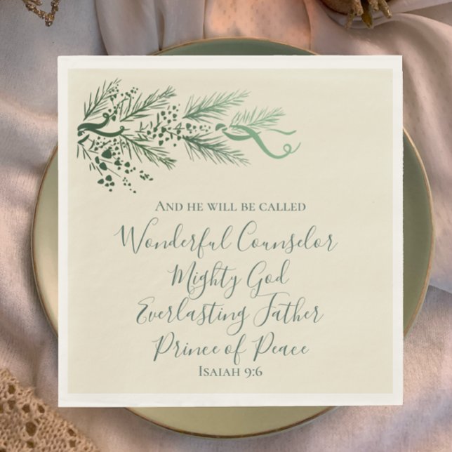 Servilleta De Papel Isaiah 9:6 Elegantes Navidades únicos de pino verd (Isaiah 9:6 Christian scripture unique sage elegant script with pine greenery Christmas dinner napkin)