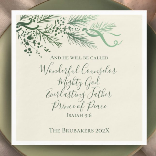 Servilleta De Papel Isaiah 9:6 Navidades de Pino Masaje Personalizados (Isaiah 9:6 Christmas dinner napkin. Personalize with name. Hand drawn pine modern elegant scripture.)