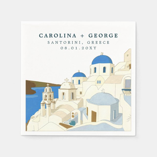 Servilleta De Papel Isla acuarela Santorini Grecia (Anverso)