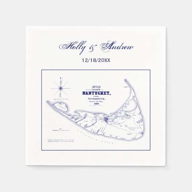 Servilleta De Papel Isla Nantucket MA Mapa Antiguo Azul Marino (Anverso)
