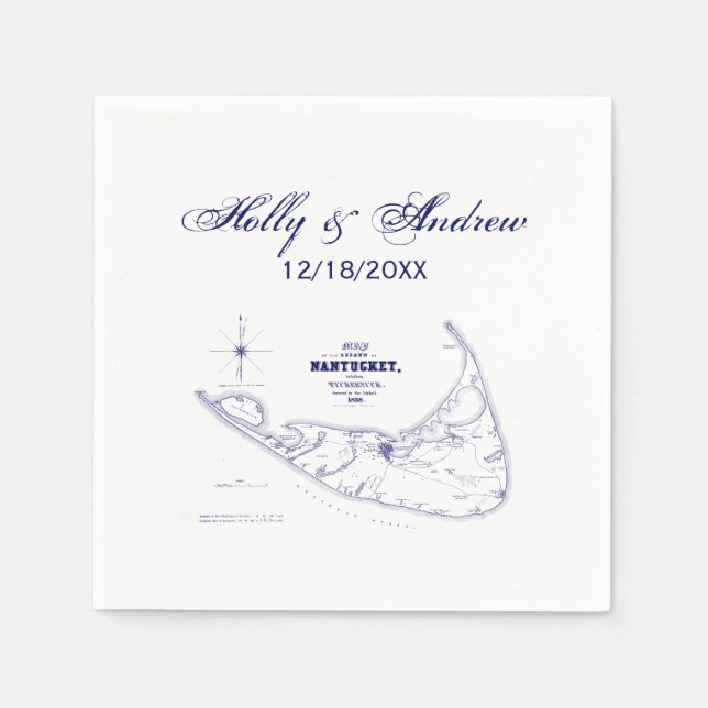 Servilleta De Papel Isla Nantucket MA Mapa Antiguo Azul Marino (Anverso)