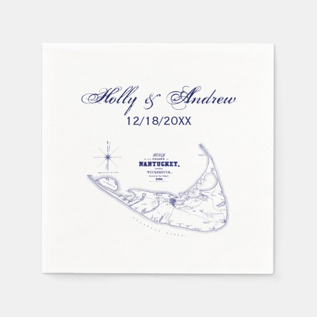 Servilleta De Papel Isla Nantucket MA Mapa Antiguo Azul Marino (Anverso)