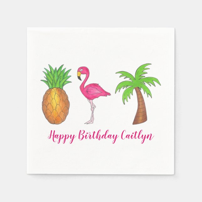 Servilleta De Papel Isla Tropical Palm Tree Pineapple Flamingo Rosa (Anverso)