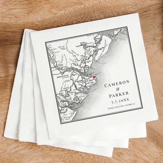 Servilleta De Papel Isla Tybee Mapa Georgia Elegante matrimonio (Elegant Tybee Island Georgia Wedding cocktail napkins with black and white map )