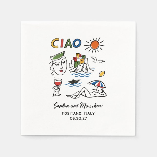 Servilleta De Papel Italian Wedding Whimsical Hand Drawn Amalfi Coast  (Anverso)