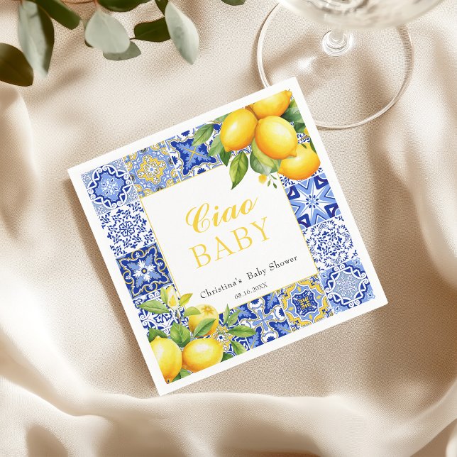 Servilleta De Papel Italiano Blue Tile Citrus Lemon Baby Shower (Subido por el creador)