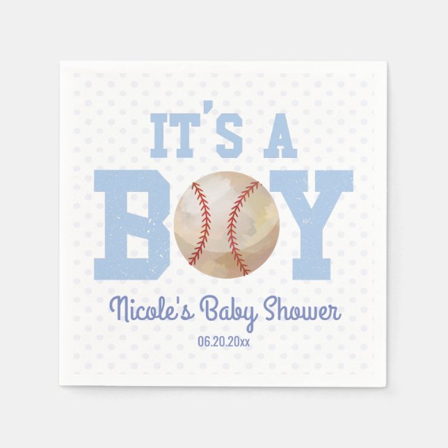 Servilleta De Papel It's a Boy! Baby Shower de béisbol azul (Anverso)