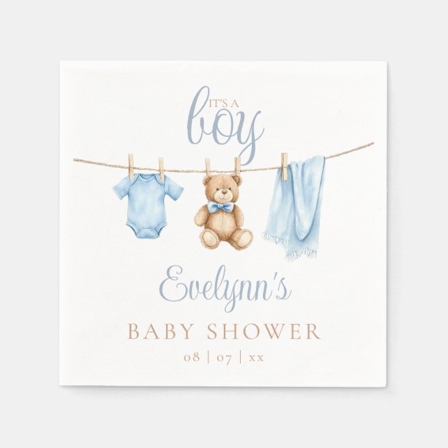 Servilleta De Papel Its A Boy Blue Clothesline Baby Shower (Anverso)