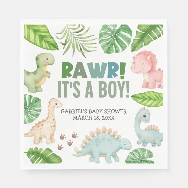 Servilleta De Papel It's a Boy Dinosaur Baby Shower (Anverso)