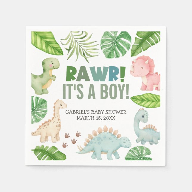 Servilleta De Papel It's a Boy Dinosaur Baby Shower (Anverso)