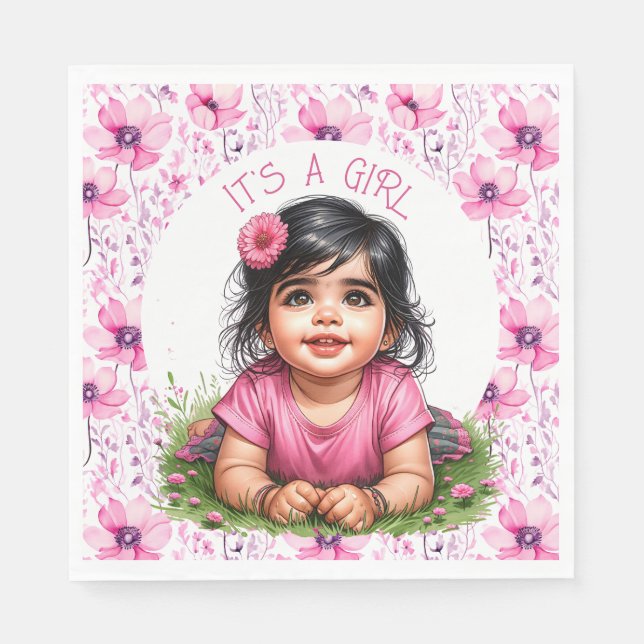 Servilleta De Papel It's a Girl | Chica Floral Rosa Baby Shower (Anverso)