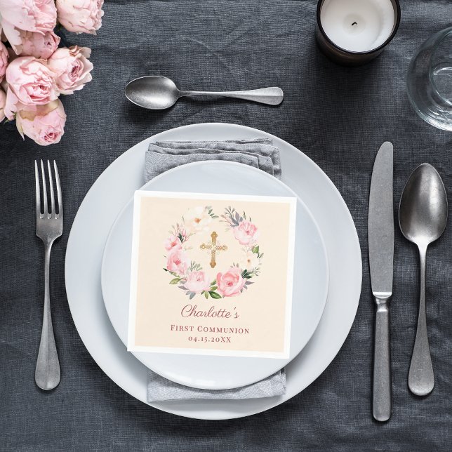 Servilleta De Papel Ivory blush pink floral wreath First Communion (Subido por el creador)