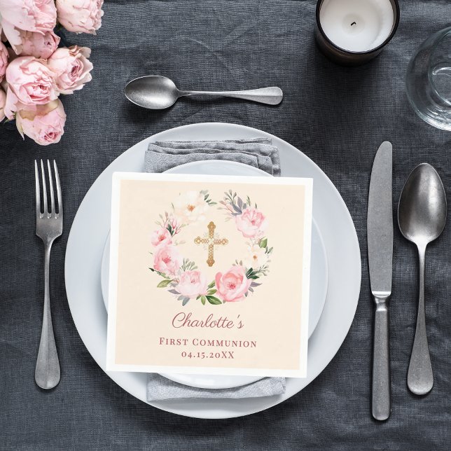Servilleta De Papel Ivory pink floral wreath First Communion luncheon (Subido por el creador)