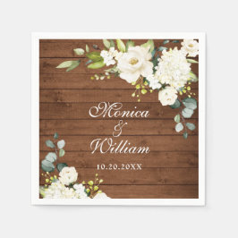 Servilleta De Papel Ivory White Roses Greenery Rustic Wood Boda