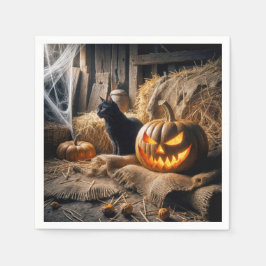 Servilleta De Papel Jack-o-Lantern de Halloween y gato en granero