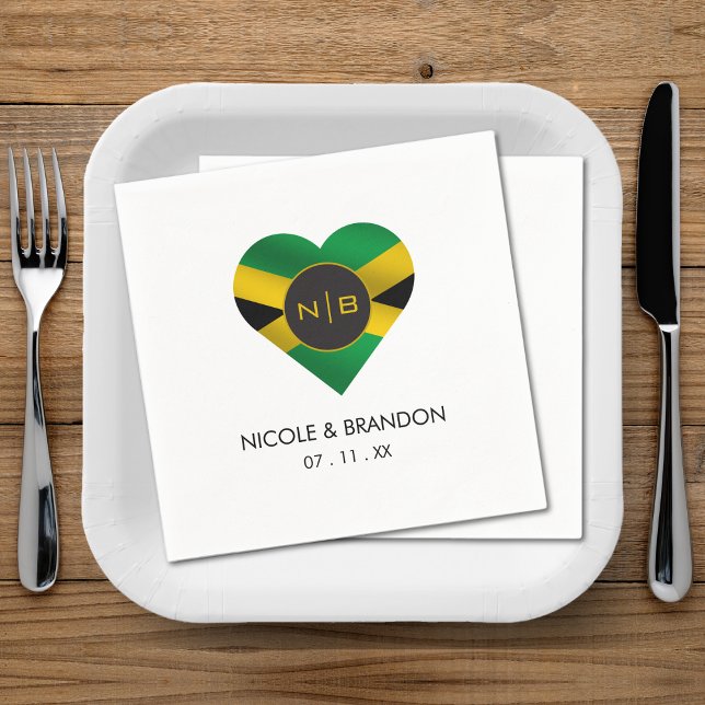 Servilleta De Papel Jamaica: Boda del Monograma de Bandera Jamaiquina (Jamaica Jamaican Flag Heart Monogram Wedding Napkins)