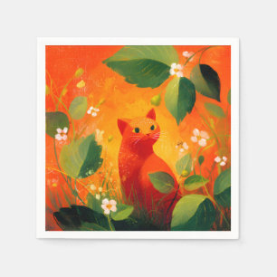 Servilleta De Papel Jardín de flores silvestres de gato rojo caprichos