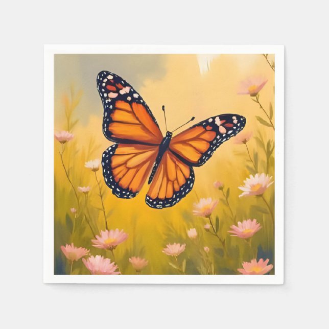 Servilleta De Papel Jardín de Mariposas Monarca Acuarela Floral (Anverso)