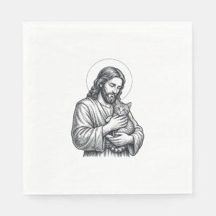 Servilleta De Papel Jesús Antiguo Sosteniendo Grabado de Gato Gráfico_