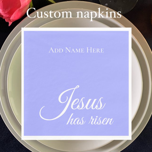 Servilleta De Papel Jesús Se Ha Levantado Personalizado Pascua Cristia (Add your custom text to personalize these purple blue bell Jesus has risen Easter napkins.)
