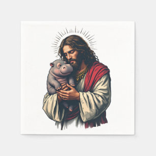 Servilleta De Papel Jesús sostiene a un bebé Moo Deng Hippo