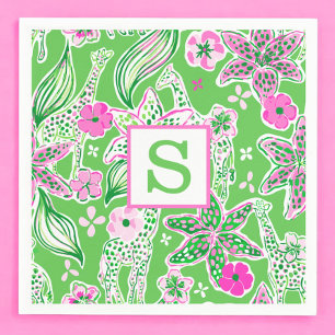 Servilleta De Papel Jirafas Elegantes Monograma Rosa Verde Lily