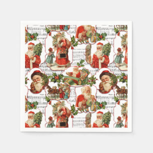 Servilleta De Papel Jolly Vintage Santa, Holly y Music Collage