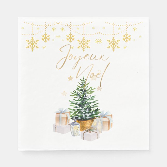 Servilleta De Papel Joyeux Noel Árbol de Navidad Copos de nieve dorado (Anverso)