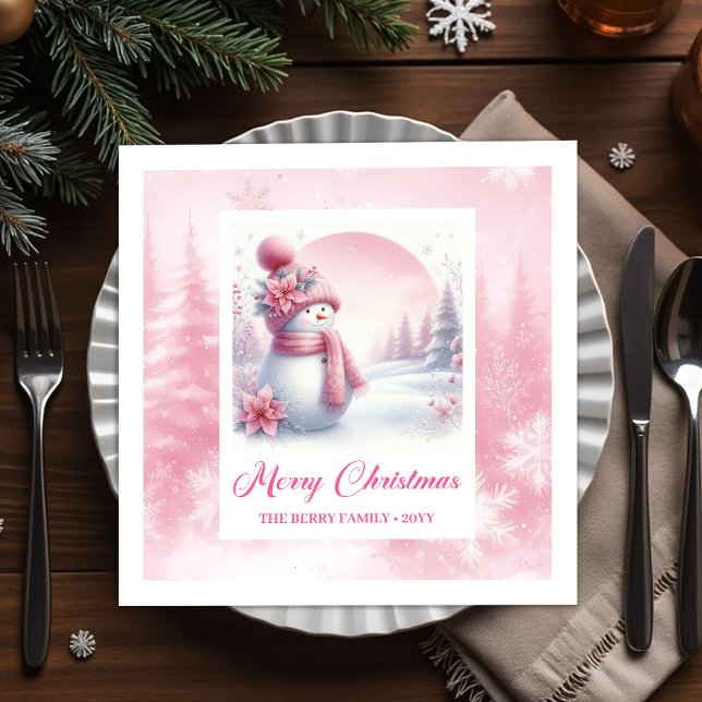 Servilleta De Papel Joyful Pink Snowman Winter Forest Christmas Napkin (Joyful Pink Snowman Winter Forest Christmas Napkins Kids)