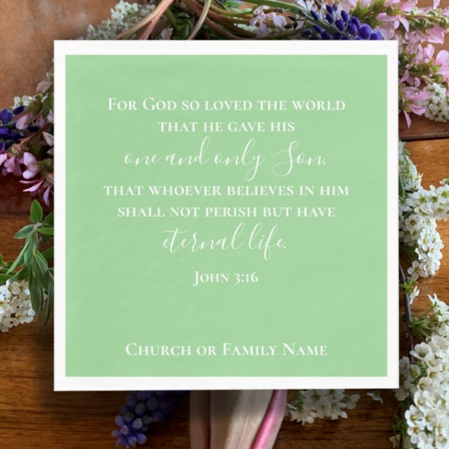 Servilleta De Papel Juan 3:16 | Iglesia cristiana verde de la menta (John 3:16 Christian scripture Easter napkin. Modern elegant custom script personalized pastel green)