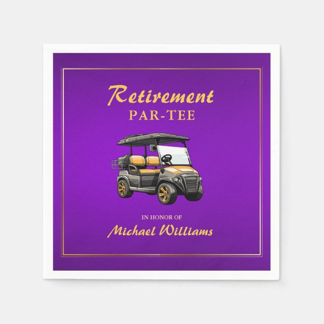 Servilleta De Papel Jubilación Elegante Tema Golf Cart Purple Gold (Anverso)